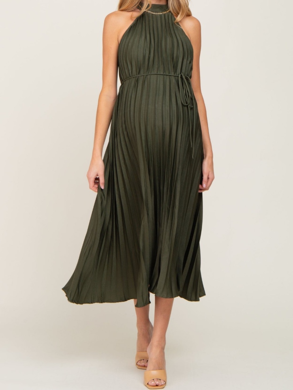 Pink Blush Pleated Halter Maternity Dress in Olive Green Size Small